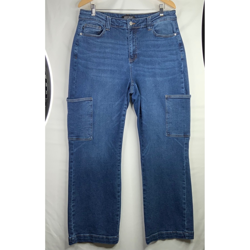 Judy Blue Womens High Rise Cargo Straight Leg Jeans Medium Wash Blue Utility